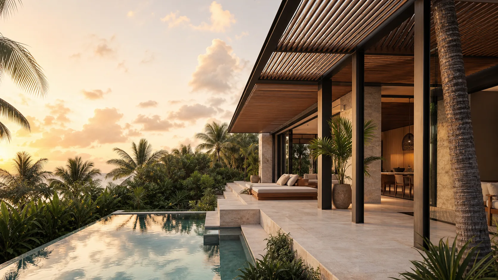 Pérgola para alberca en residencia tropical