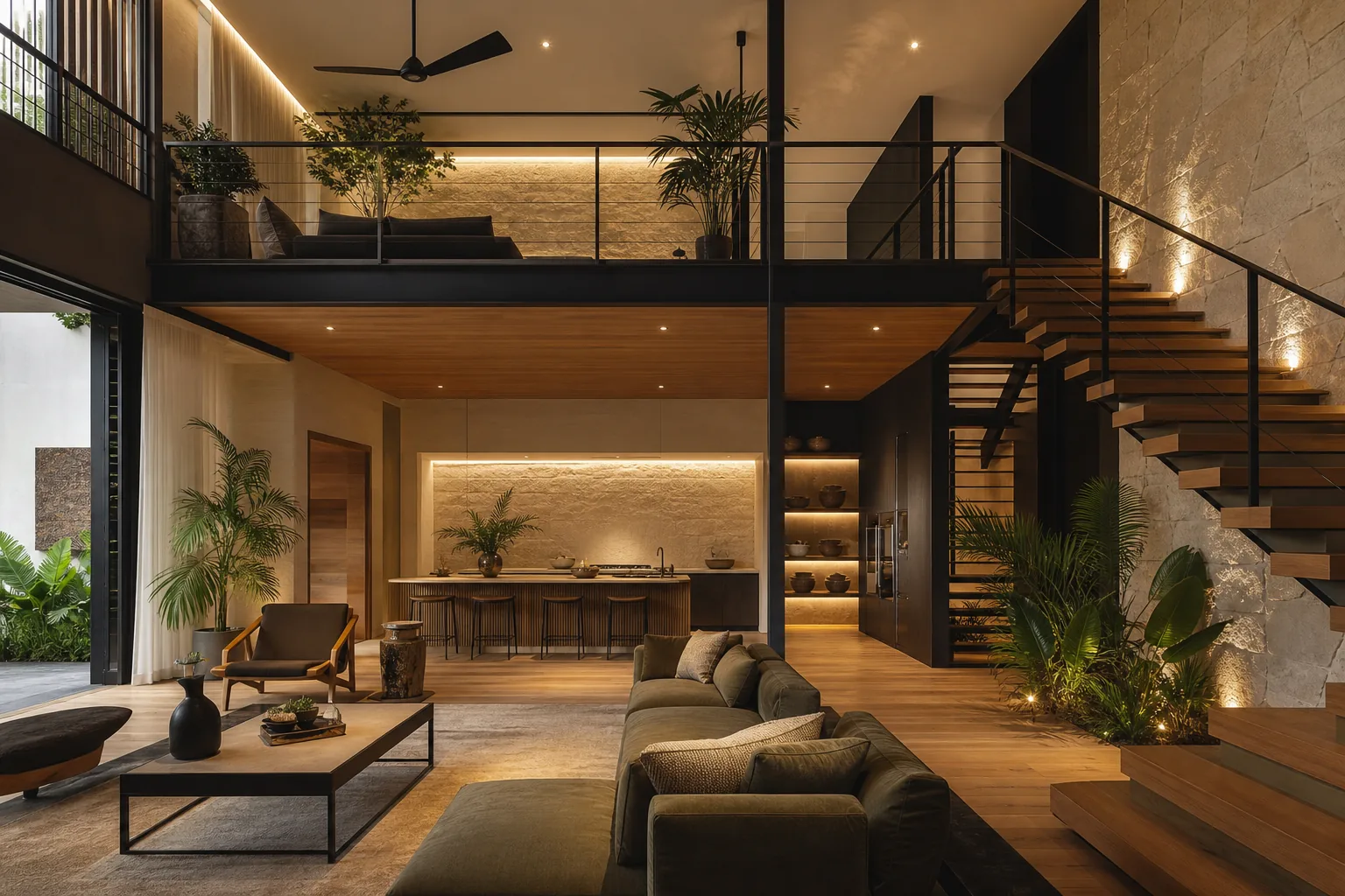 Loft contemporáneo con tapanco y estructura de acero