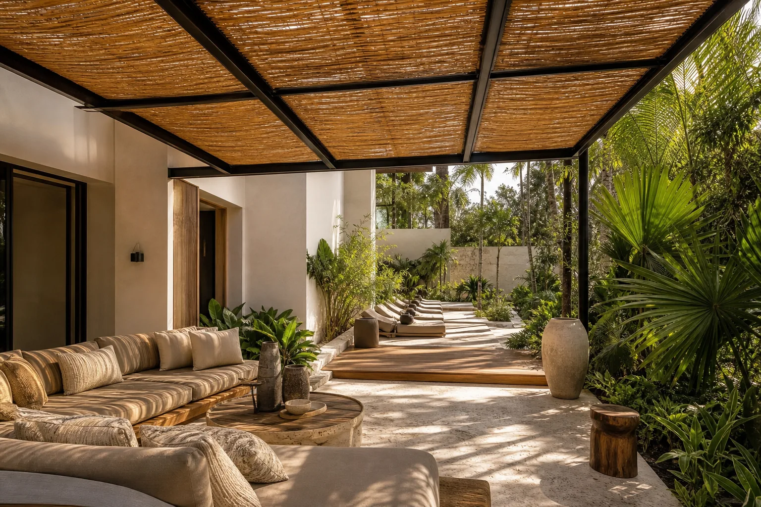 Pérgola contemporánea con cubierta de tejido de bambú