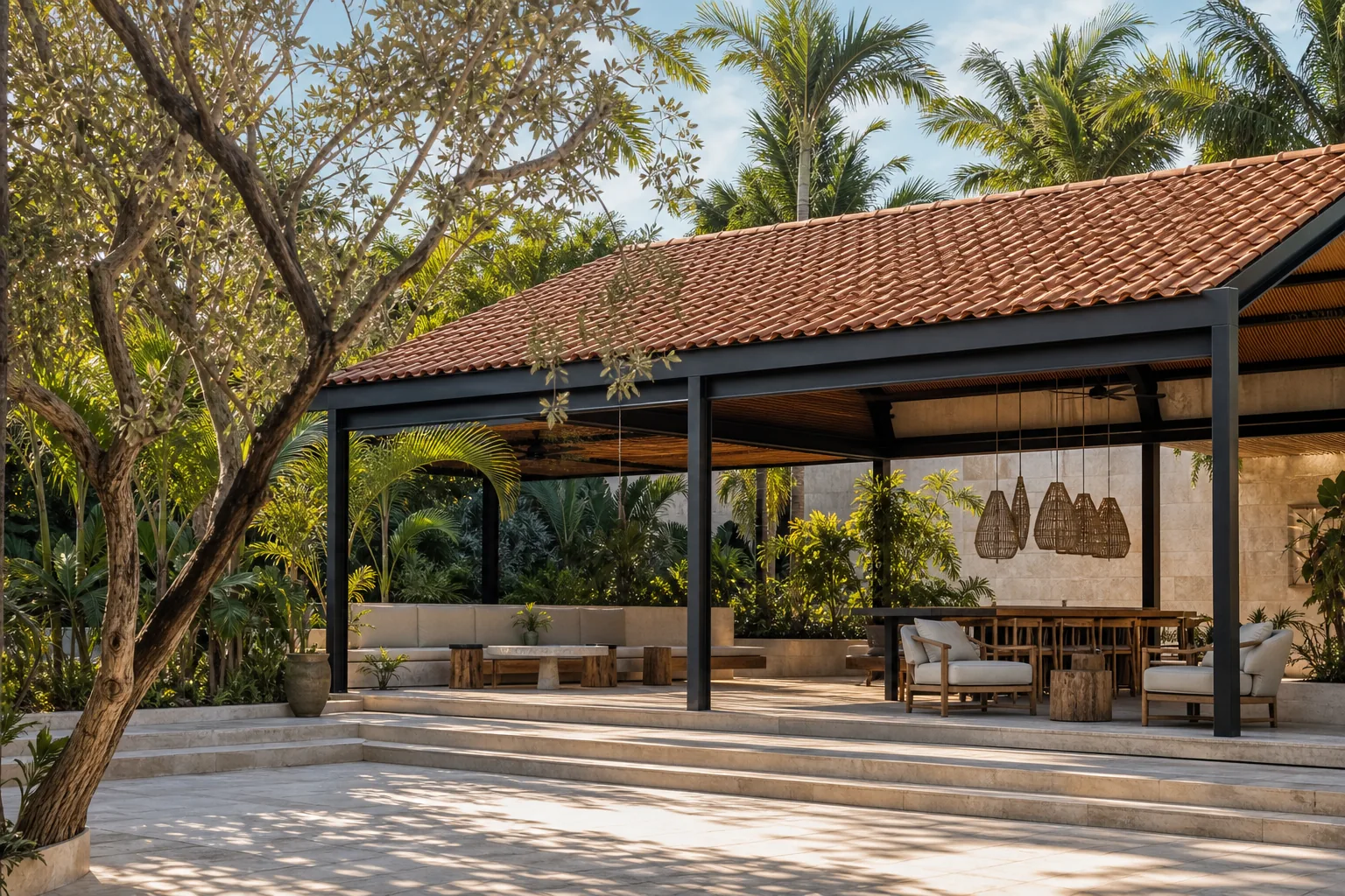 Pérgola con cubierta de plastiteja para clima tropical