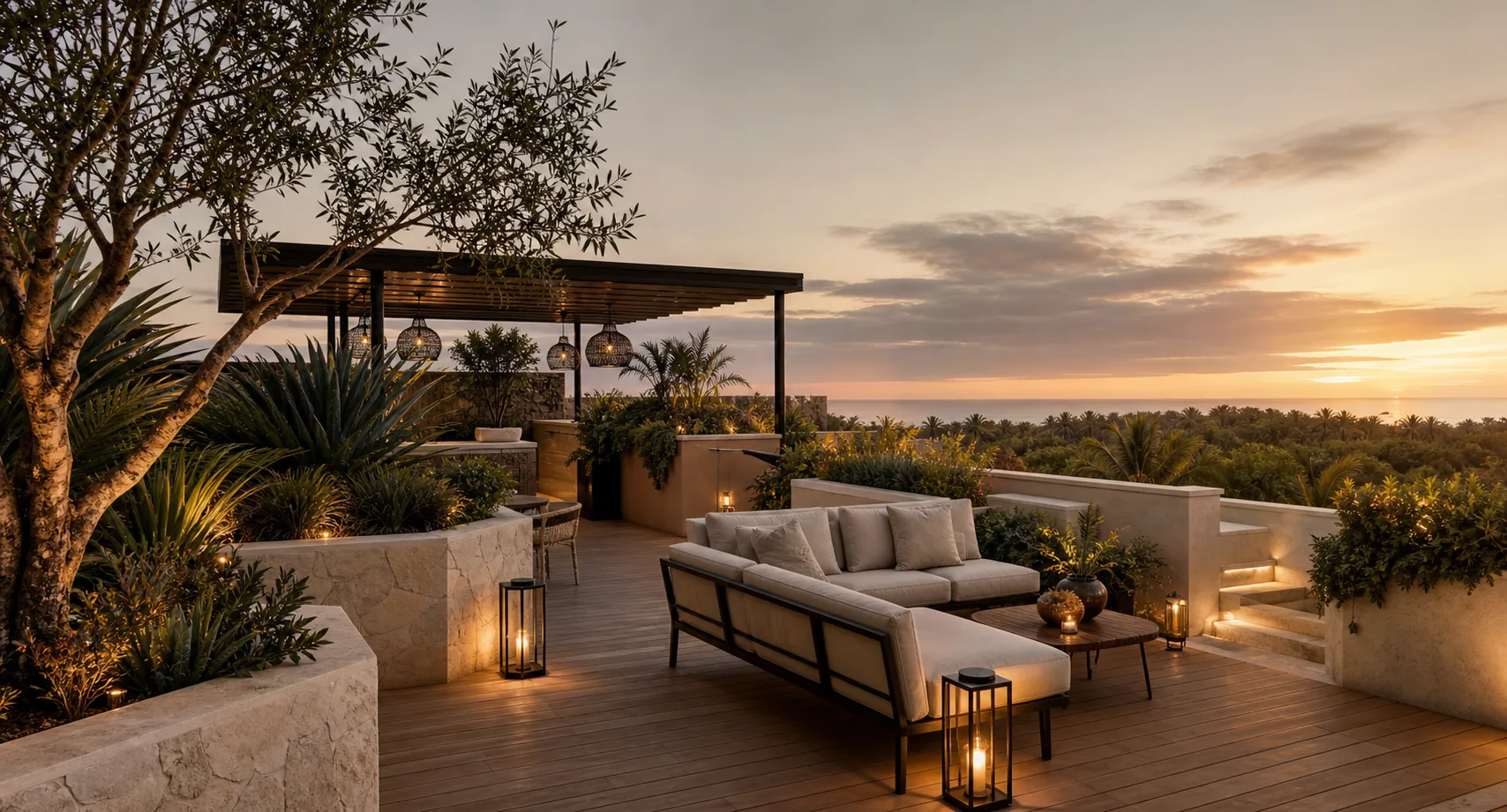 Pérgola para roof garden con vista panorámica